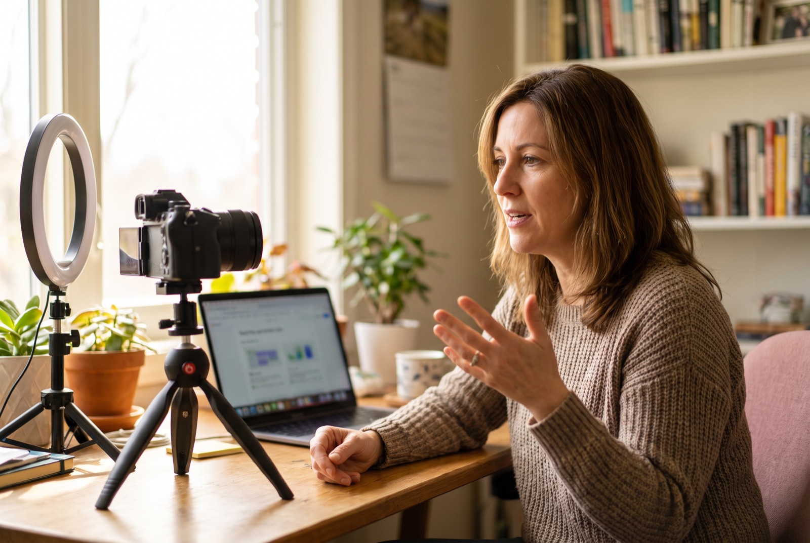 Eine Kursleiterin nimmt an ihrem Schreibtisch mit Kamera und Ringlicht eine Lektion auf